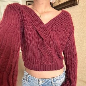 Windsor Deep Red V-Neck Cable Knit Sweater, size XS
